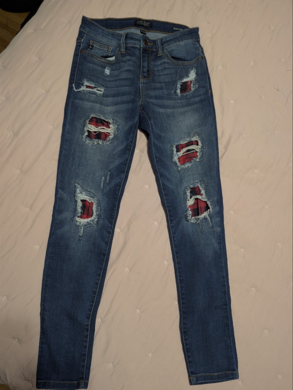 Judy Blue Medium Blue Skinny Jeans with Red Plaid Patch
